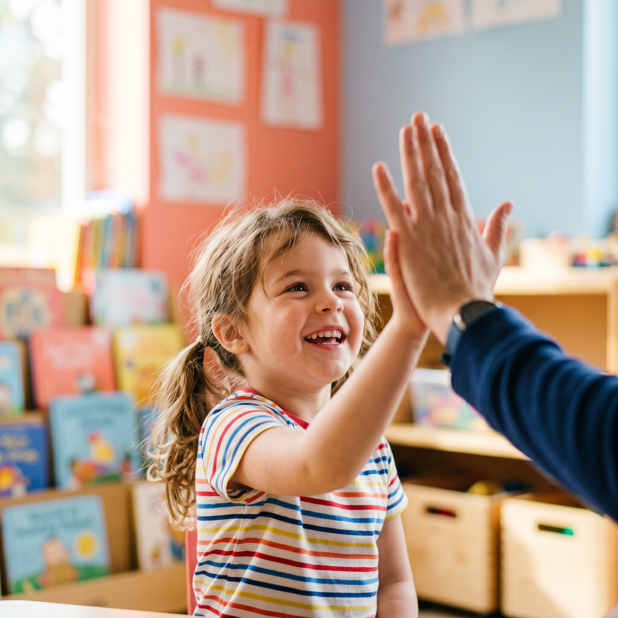 A young child with pigtails beaming as she gives a high-five to a therapist in a colorful therapy room