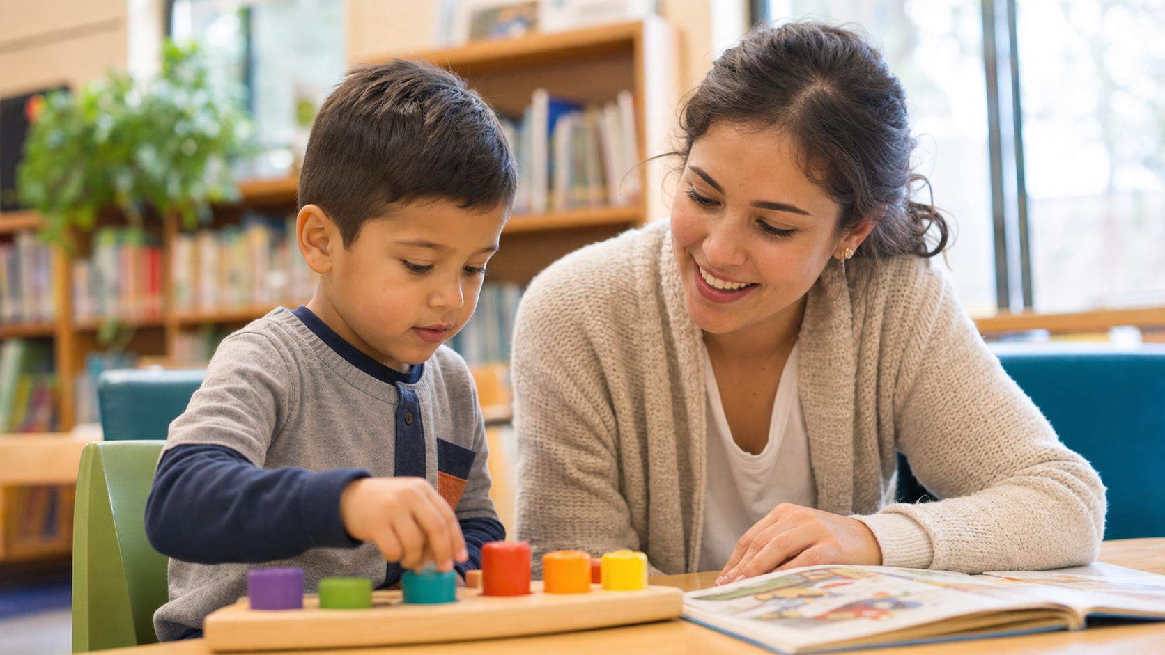 A therapist supporting a young child at a neighborhood park — practicing skills in a real-world community setting