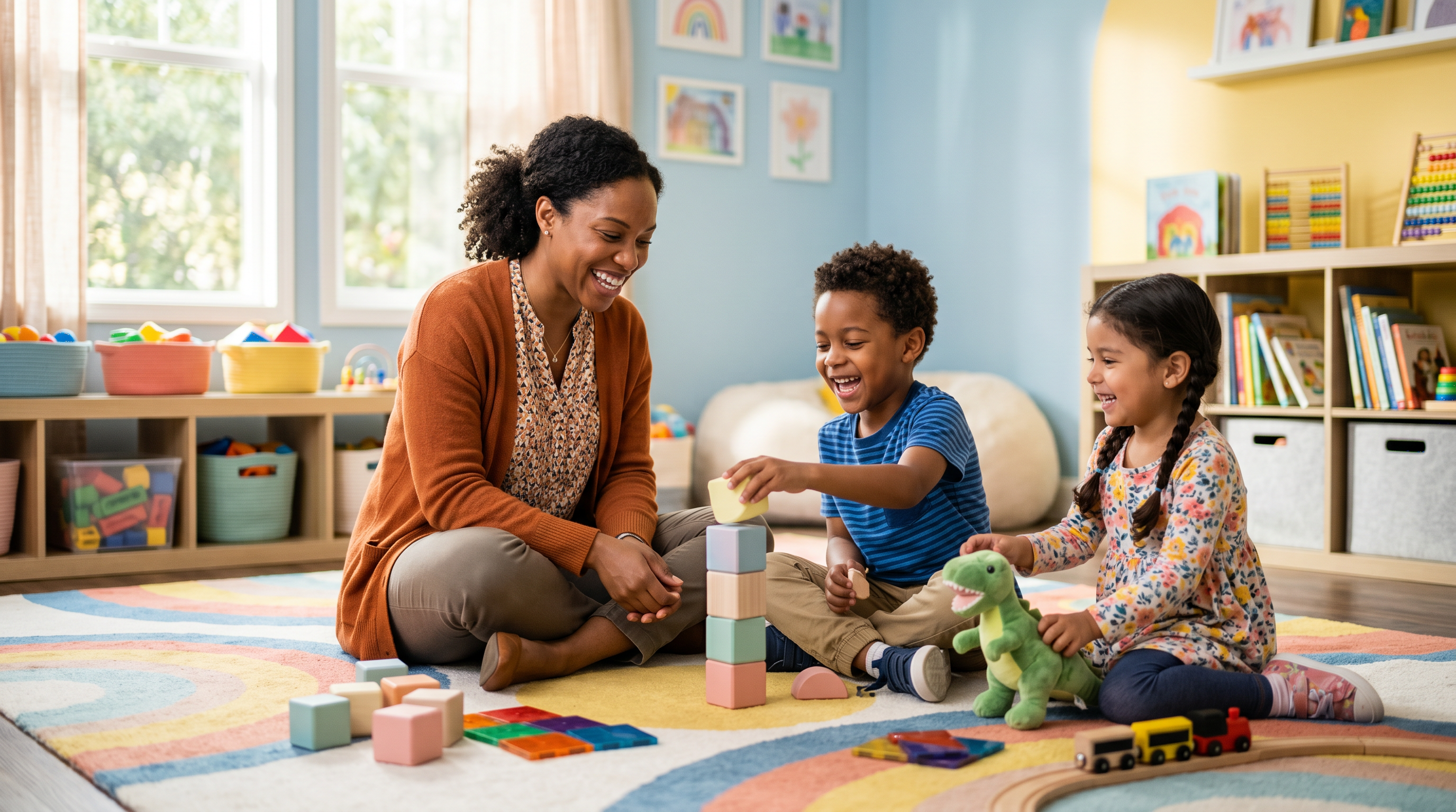 A smiling therapist sitting on a colorful rug playing with two joyful children in a bright, sunny therapy playroom