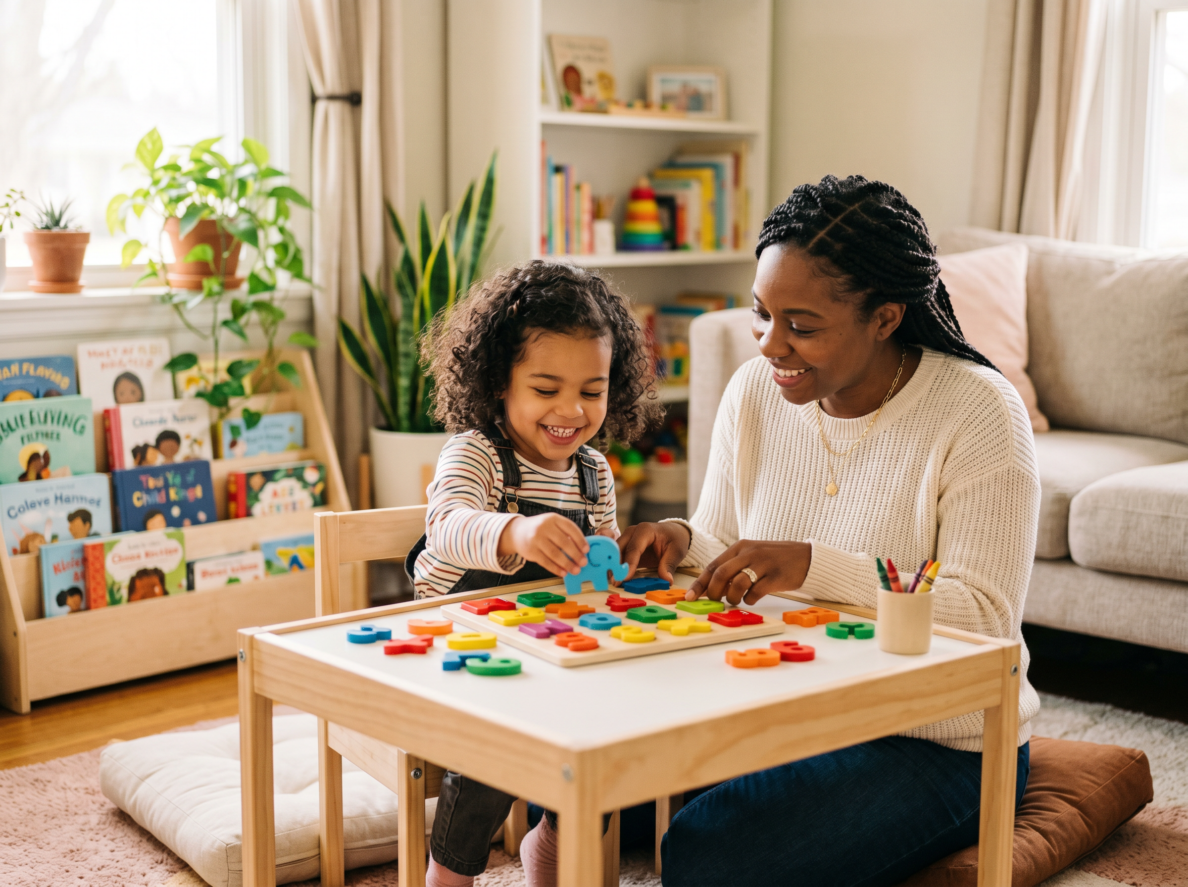 A mother and young child sitting at a small table working on colorful alphabet puzzles in a sunny home