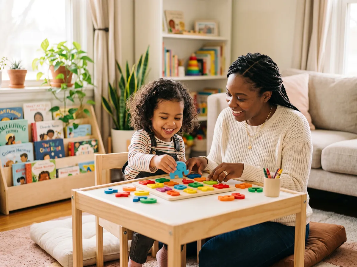 A mother and young child sitting at a small table working on colorful alphabet puzzles in a sunny home