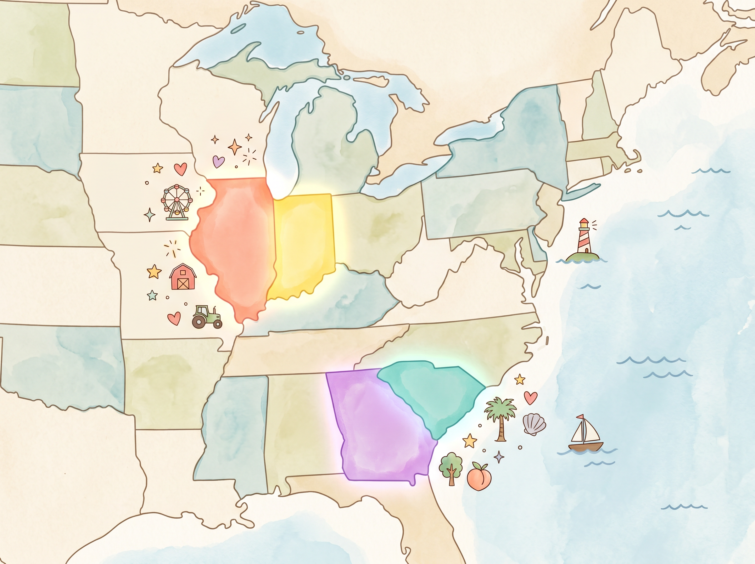 Illustrated watercolor map showing Behavioral Services Network territory across Illinois, Indiana, South Carolina, and Georgia
