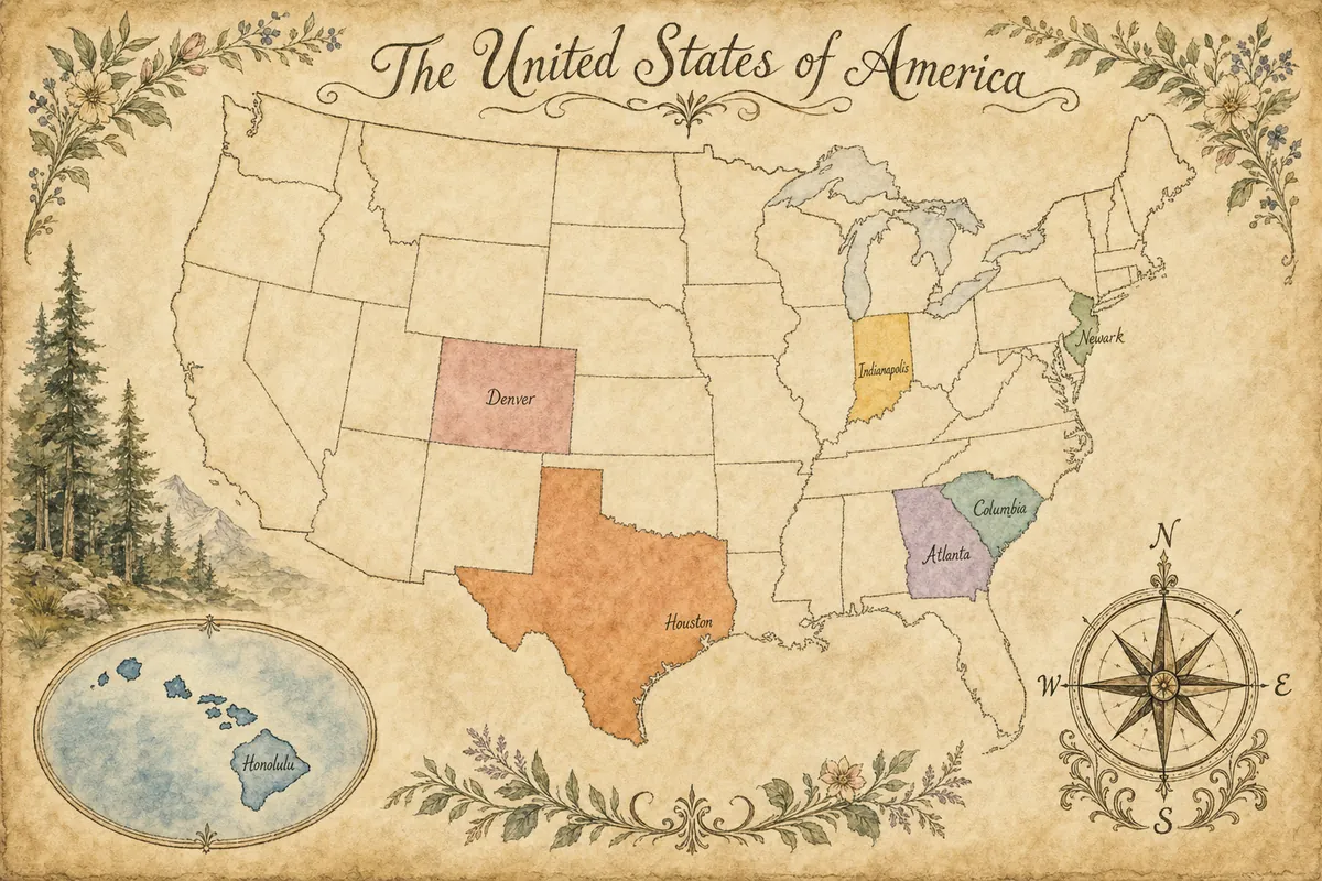 Illustrated watercolor map showing Behavioral Services Network territory across Indiana, South Carolina, Georgia, Colorado, Hawaii, and Texas